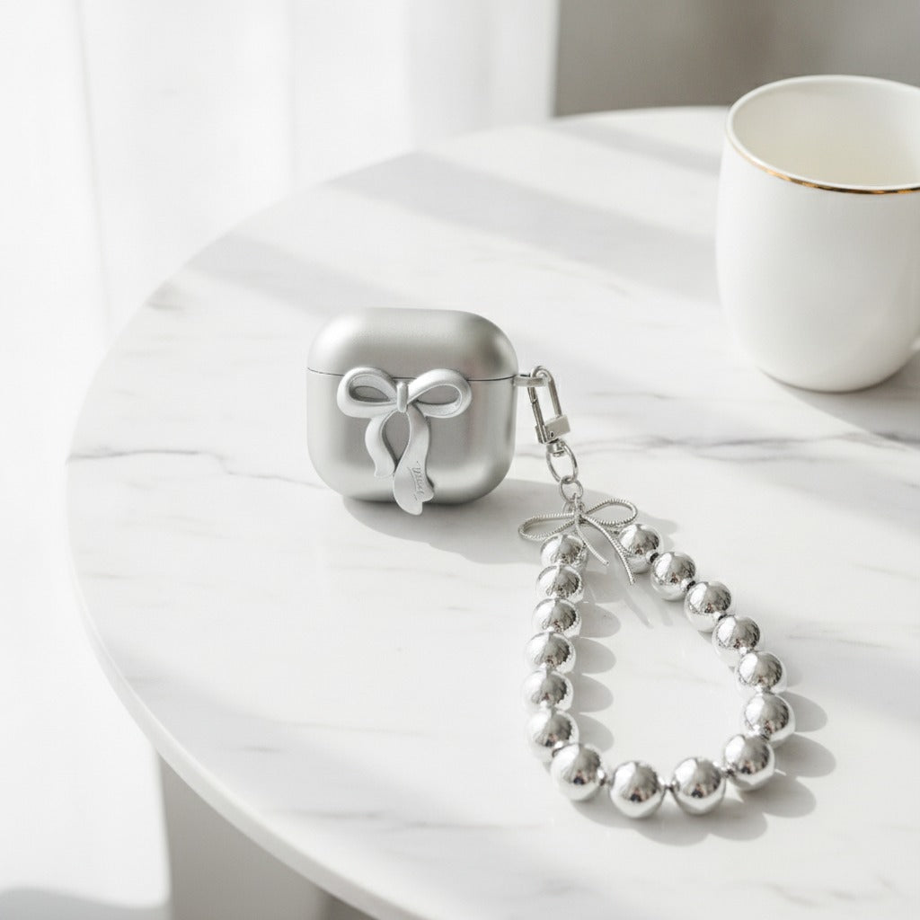 Bow Pearl Charm Airbuds Case - Silver (for AirPods 4)