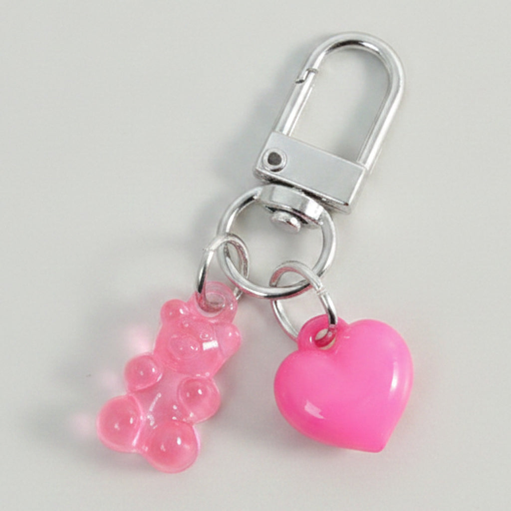 Beaded Bear & Heart Charm Keychain - Clear Bear & Rose Red Heart