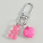 Beaded Bear & Heart Charm Keychain - Clear Bear & Rose Red Heart