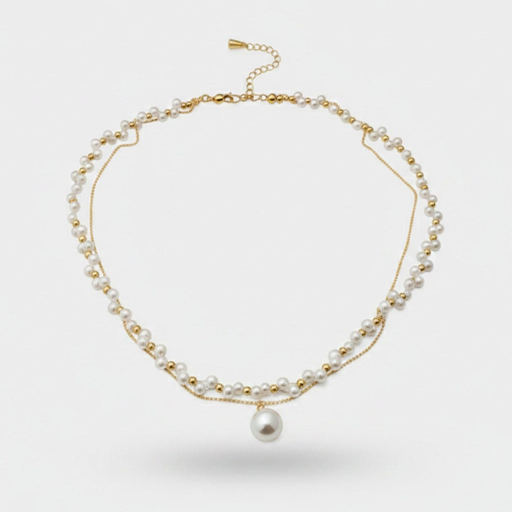 Double Strand Pearl Necklace with Rhinestone Pendant - Necklace #9 Gold Dual Layer – jewelry (view 1)