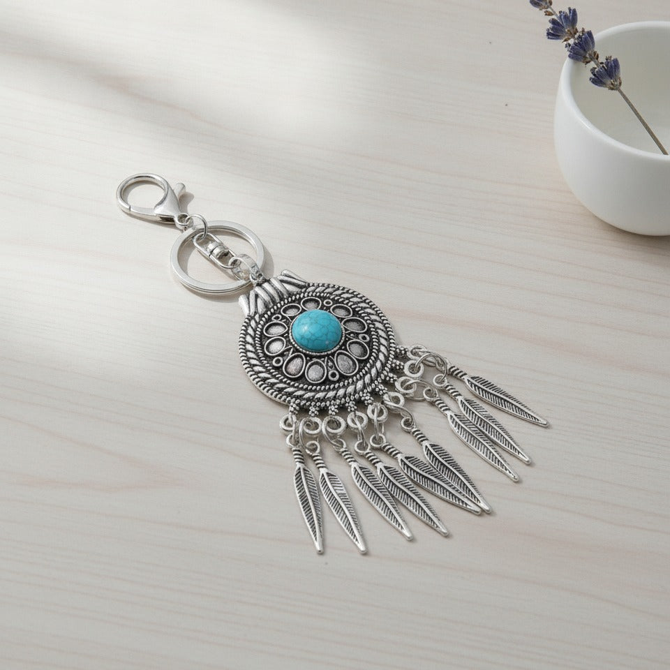 Turquoise Dreamcatcher Keychain - Silver