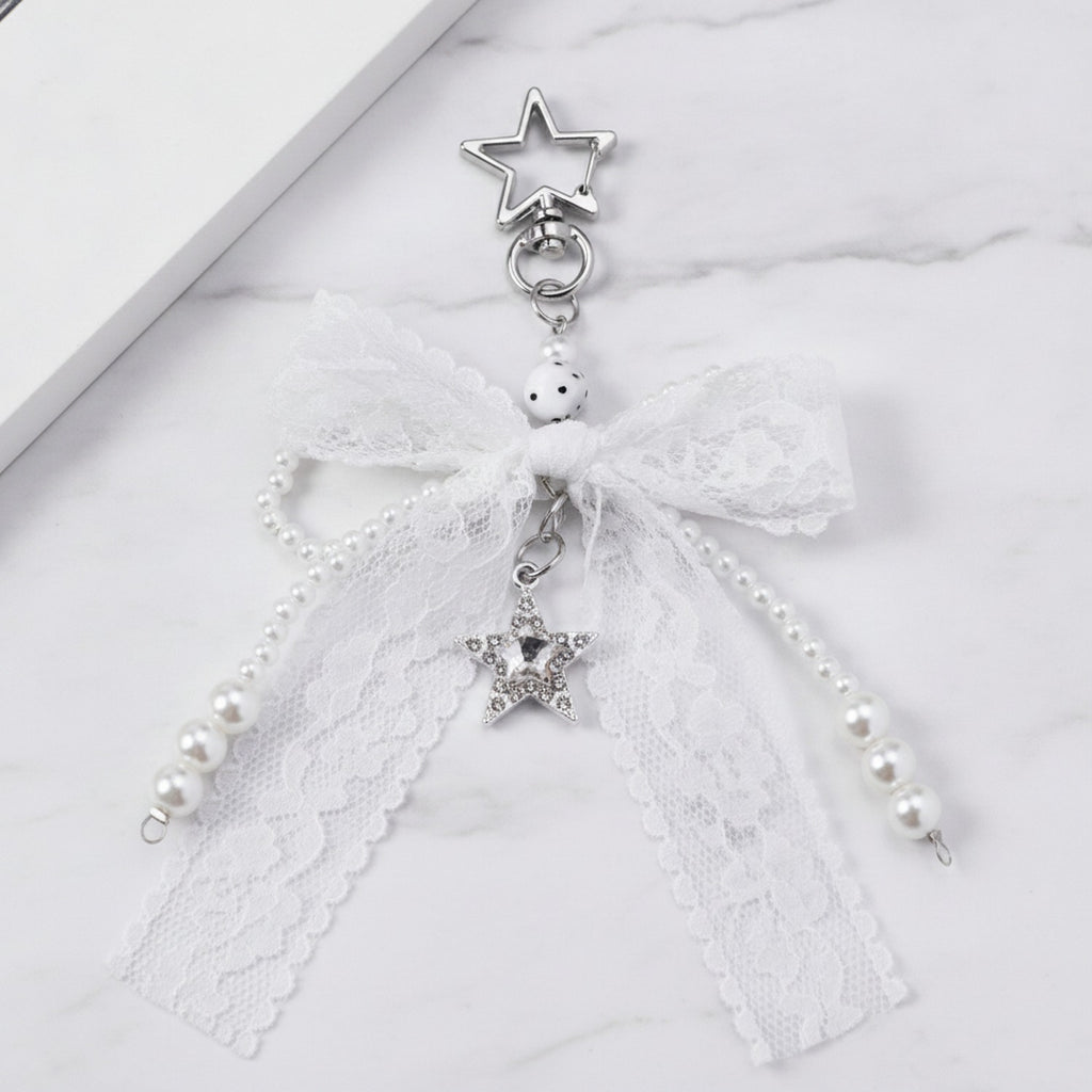 Lace Ribbon Pearl Bag Charm - White