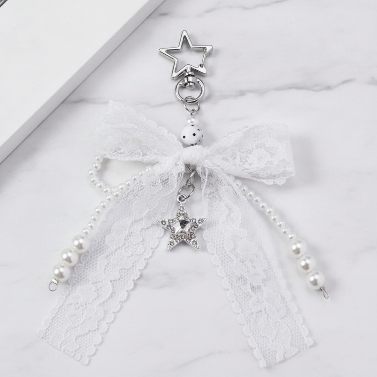 Lace Ribbon Pearl Bag Charm - White