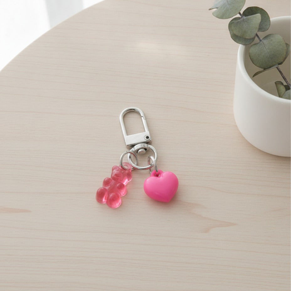 Beaded Bear & Heart Charm Keychain - Clear Bear & Rose Red Heart