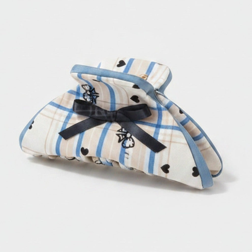 Blue Plaid Heart Bow Hair Claw – hair accessories (view 1)