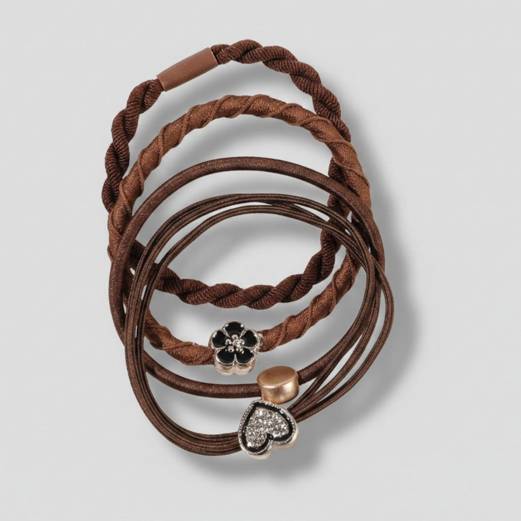 Brown Twisted Hair Tie Set With Heart Charms – hair accessories (view 1)