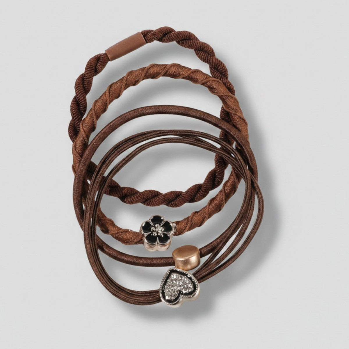 Brown Twisted Hair Tie Set With Heart Charms – hair accessories (view 1)