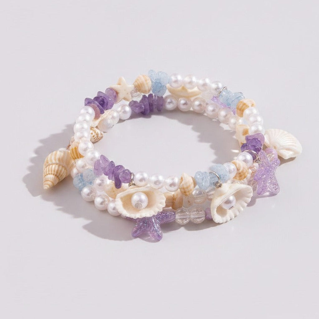 Beaded Shell Charm Bracelet - Lavender Mix