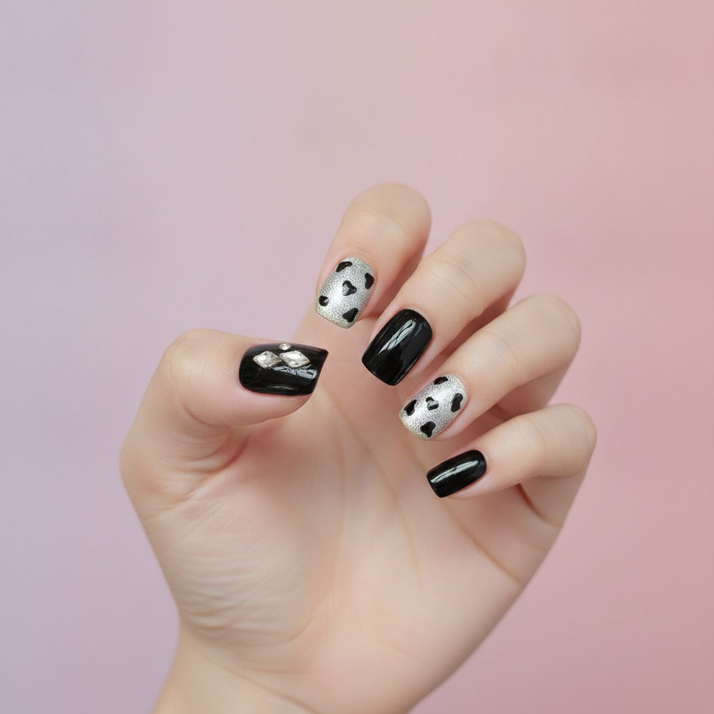 Cow Print Press-On Nail Set - Black & Silver Cow