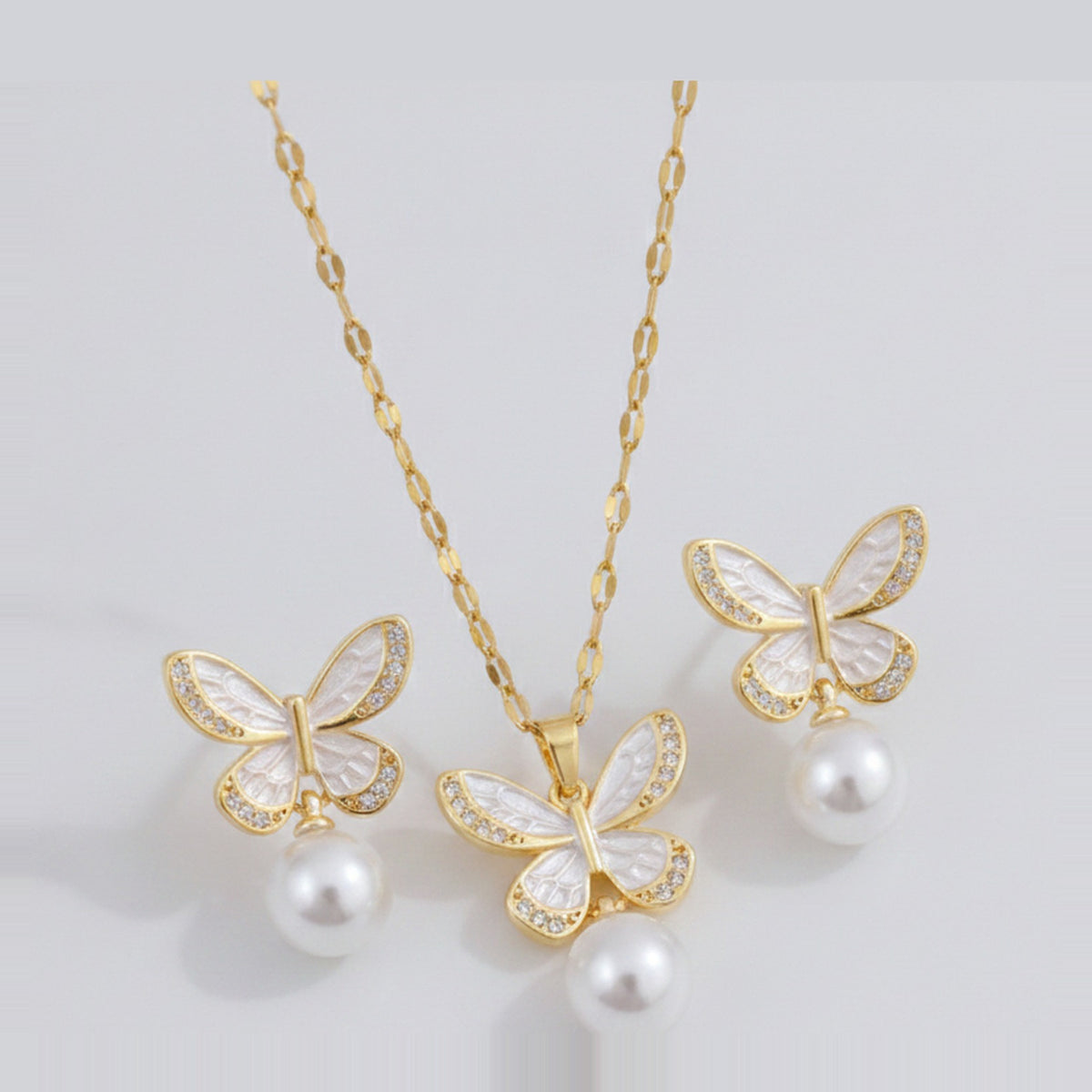 Butterfly Pearl Drop Necklace - Gold