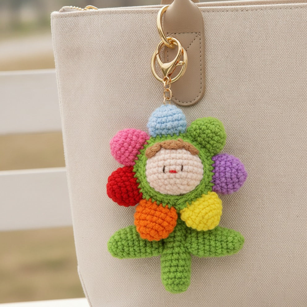 Smiley Flower Crochet Keychain - Rainbow