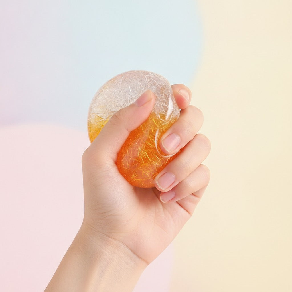 Sparkly Squishy Ball - Orange - squeeze in hand