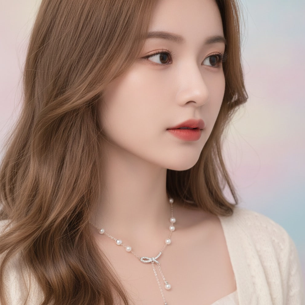 Pearl Bow Lariat Necklace - Rose Gold Pearl