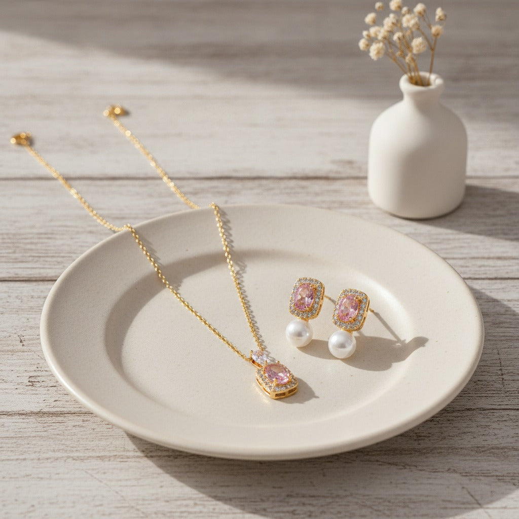 Pink Gem & Pearl Jewelry Set - Gold