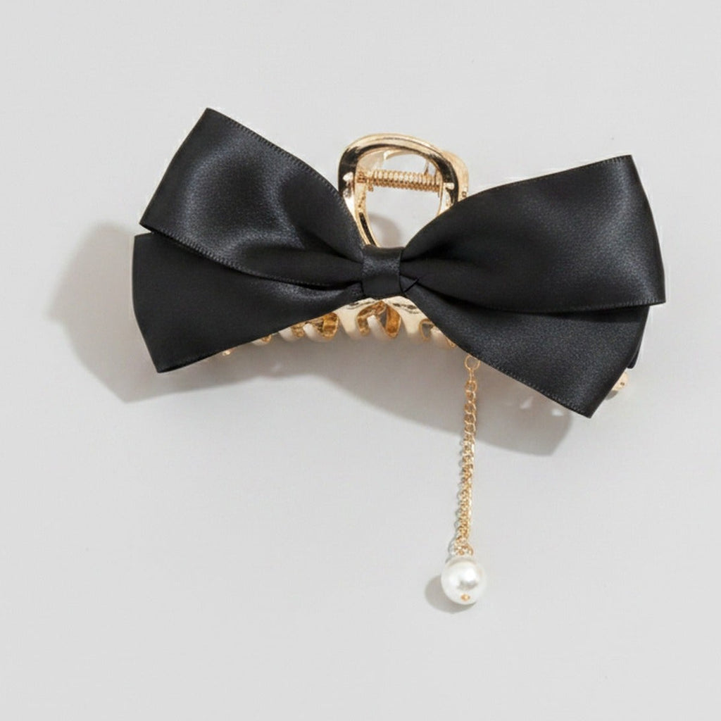 Black Satin Bow Hair Claw With Pearl Charm – hair accessories (view 1)