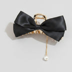 Black Satin Bow Hair Claw With Pearl Charm – hair accessories (view 1)