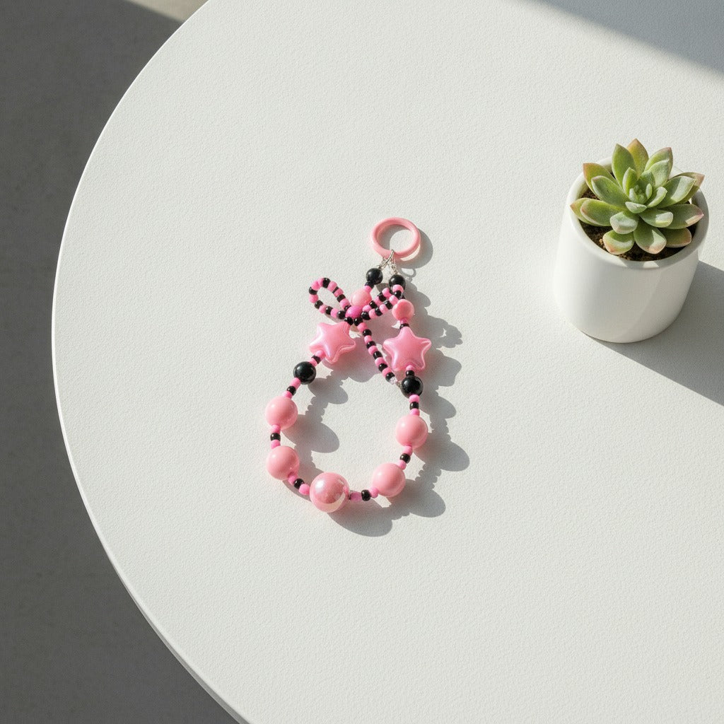 Beaded Star Charm Keychain - Barbie Pink Star