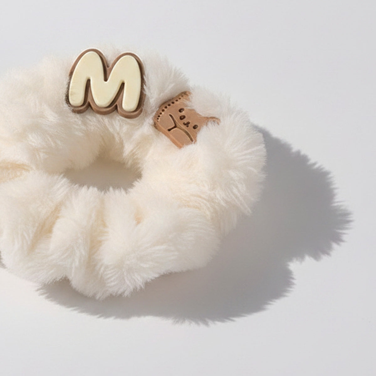 Fluffy White Hair Tie With Bear Charm – hair accessories (view 1)