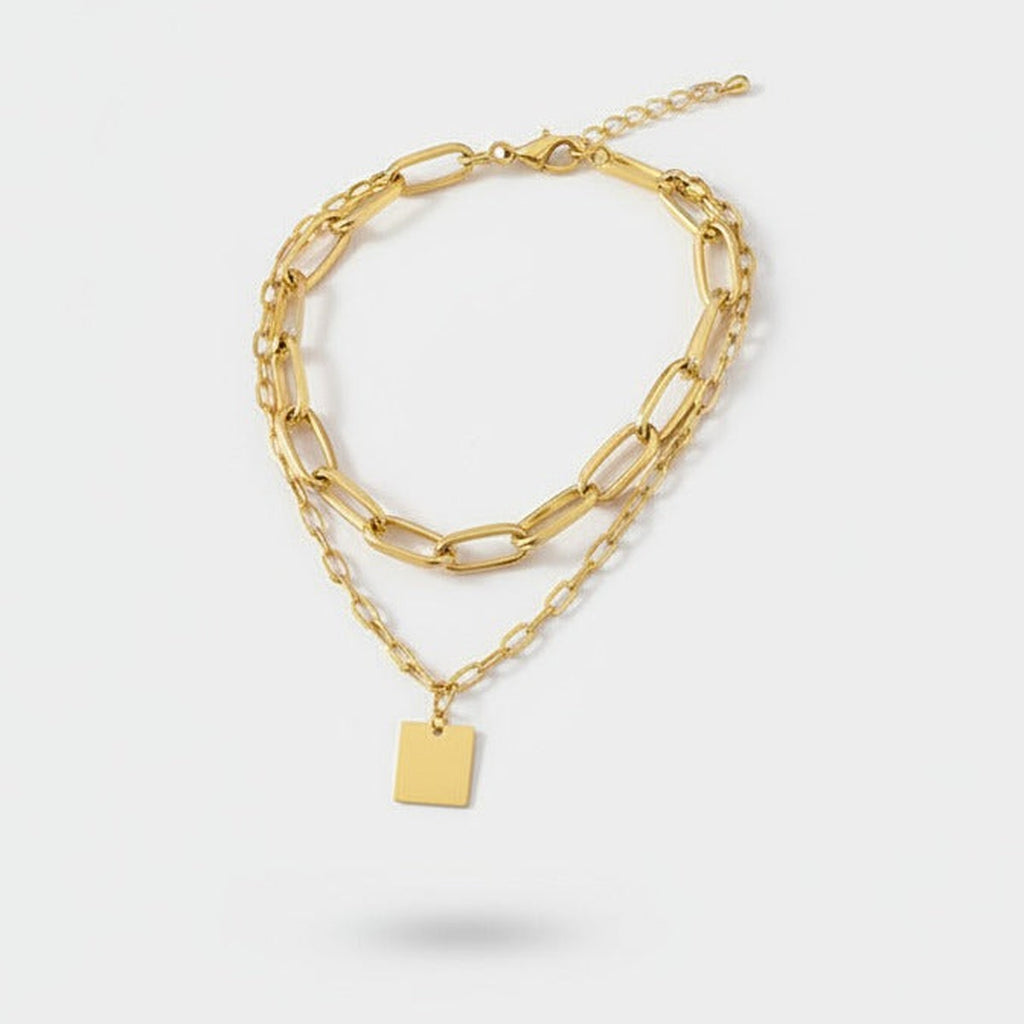 Layered Square Pendant Chain Necklace - Gold