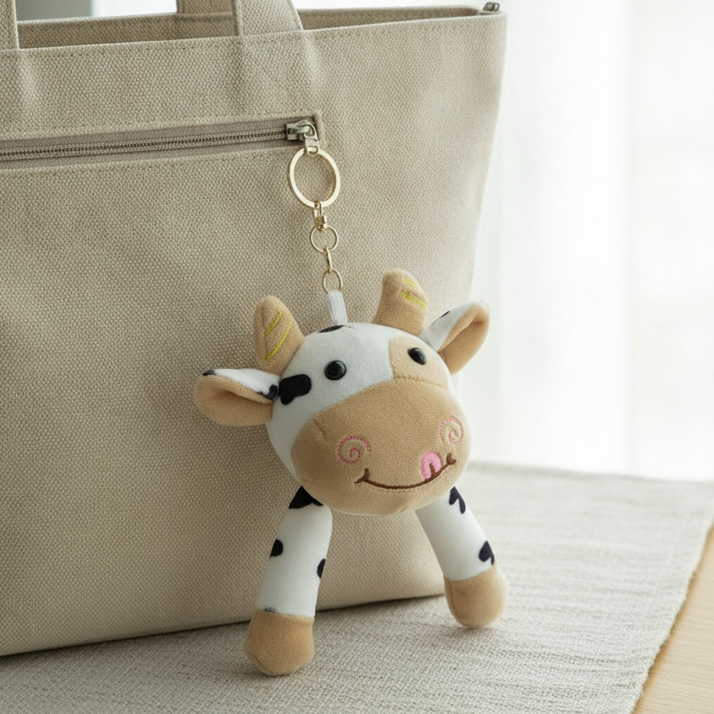 Cow Head Plush Keychain - Cream & White