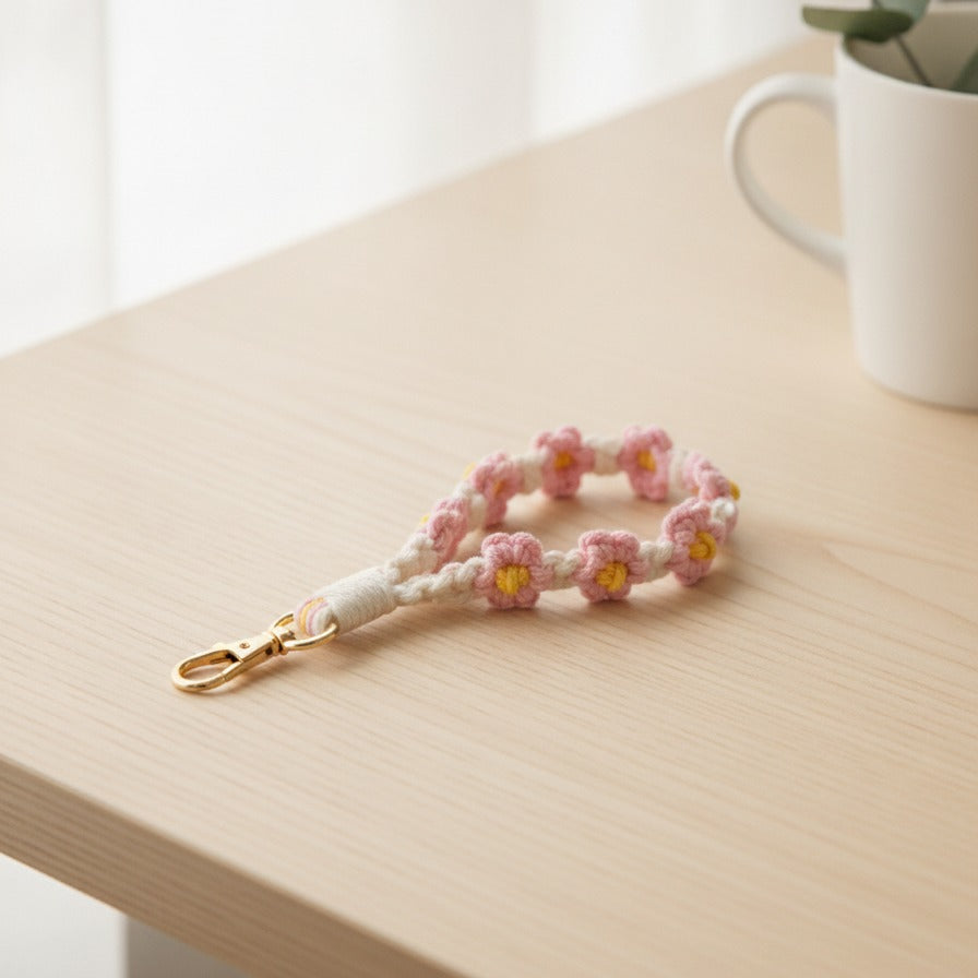 Crochet Daisy Flower Keychain - Soft Pink