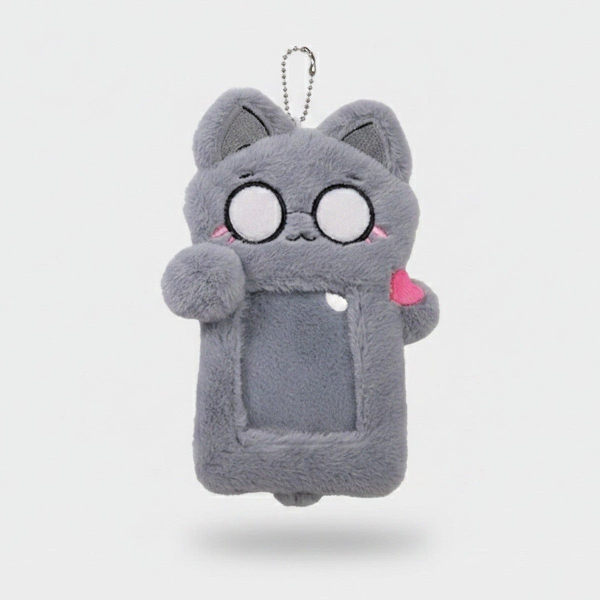 Gray Fluffy Cat Phone Charm With Pink Heart – tech (view 1)