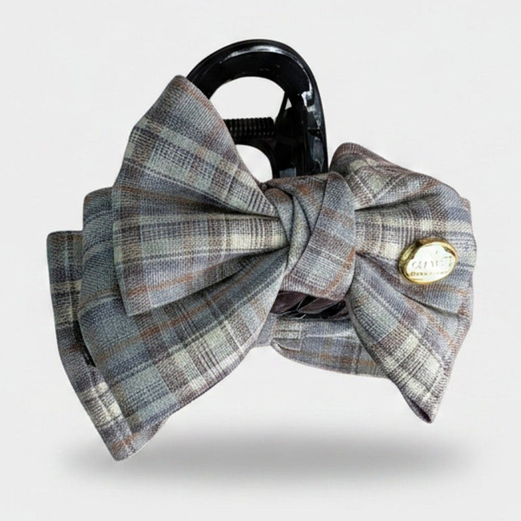 Plaid Fabric Hair Claw With Gold Accent – hair accessories (view 1)