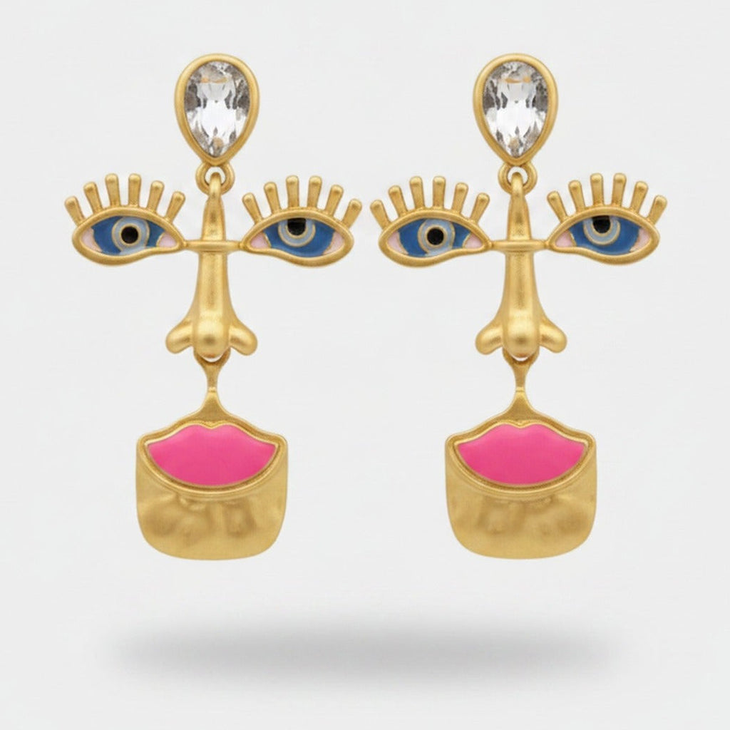Gold Abstract Face Statement Earrings Gold & Pink