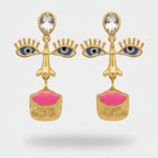 Gold Abstract Face Statement Earrings Gold & Pink