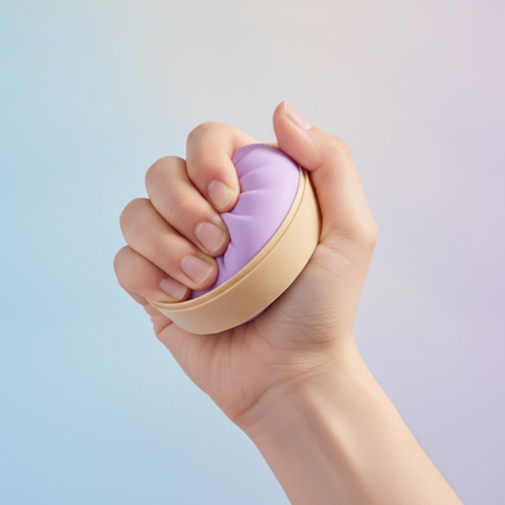 Purple Steamed Bun Soap in Woven Basket - squeeze in hand
