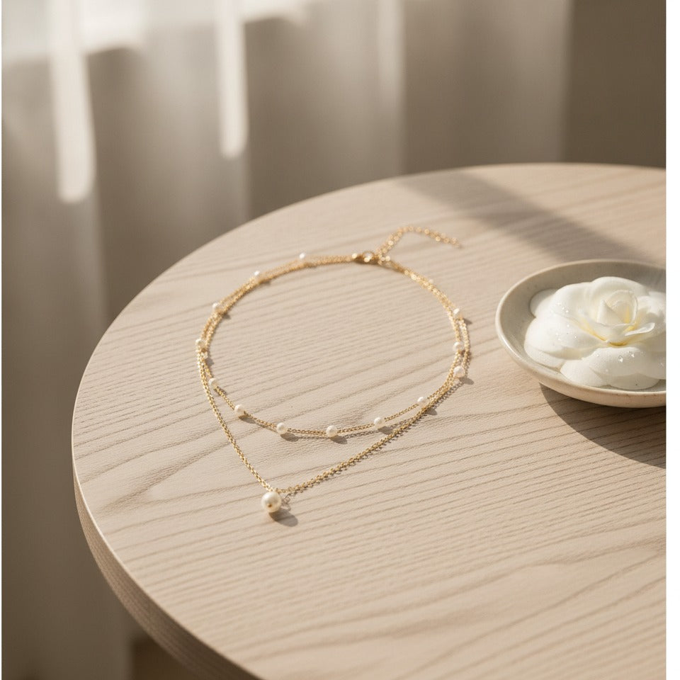 Layered Pearl Chain Necklace - Gold