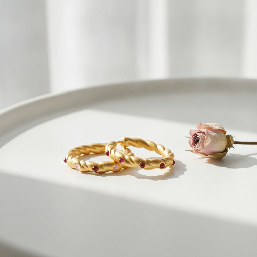 Twisted Hoop Earrings with Stone Accents - Gold
