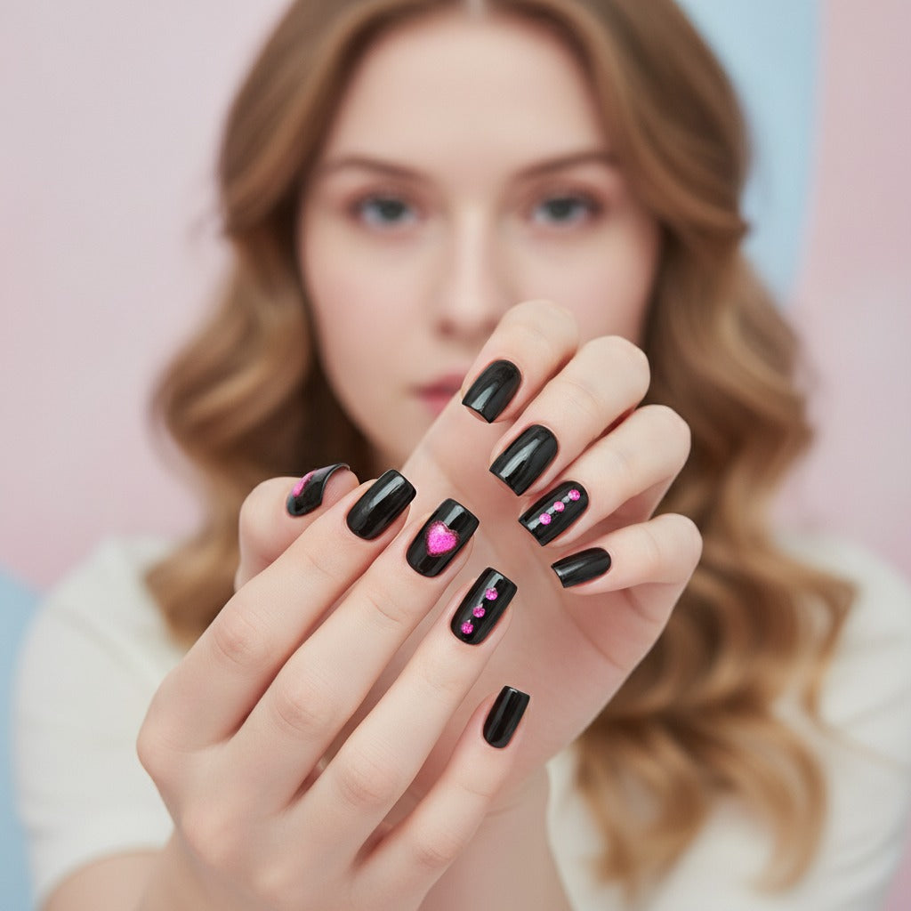 One Good Morning Press-On Nails Set - Black & Pink