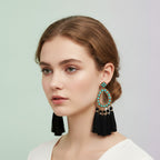 Turquoise Stone Tassel Drop Earrings - Black