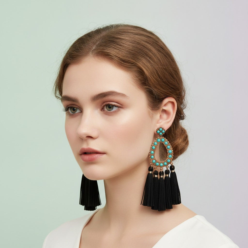 Turquoise Stone Tassel Drop Earrings - Black