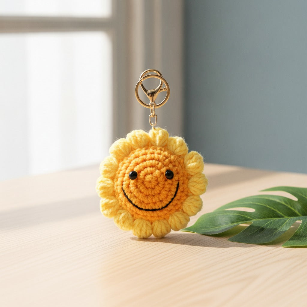 Smiley Flower Crochet Keychain - Yellow Sunflower
