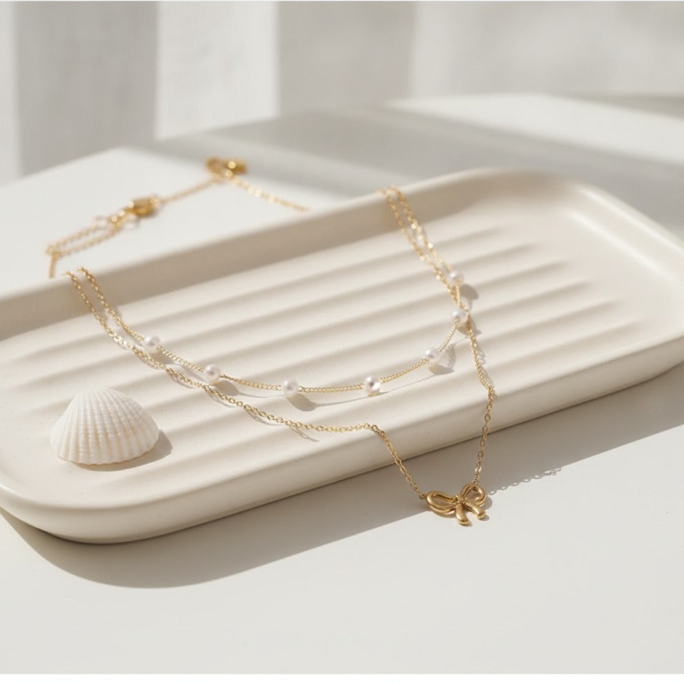 Layered Pearl Bow Necklace - Gold