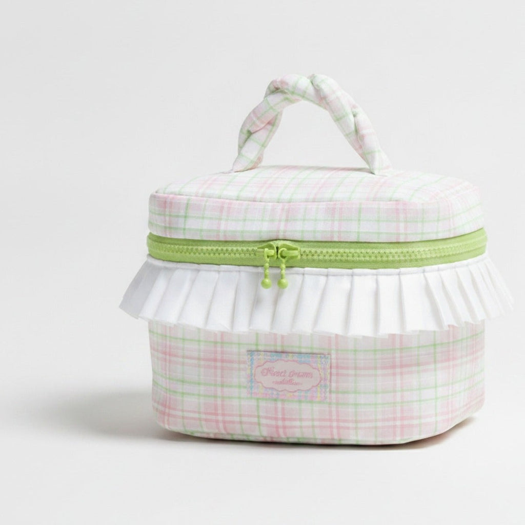 Cosmetic Bag With Ruffle Trim - Pink Green Plaid – bags & wallets (view 1)