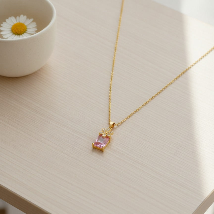 Daisy Gem Pendant Necklace - Gold & Pink