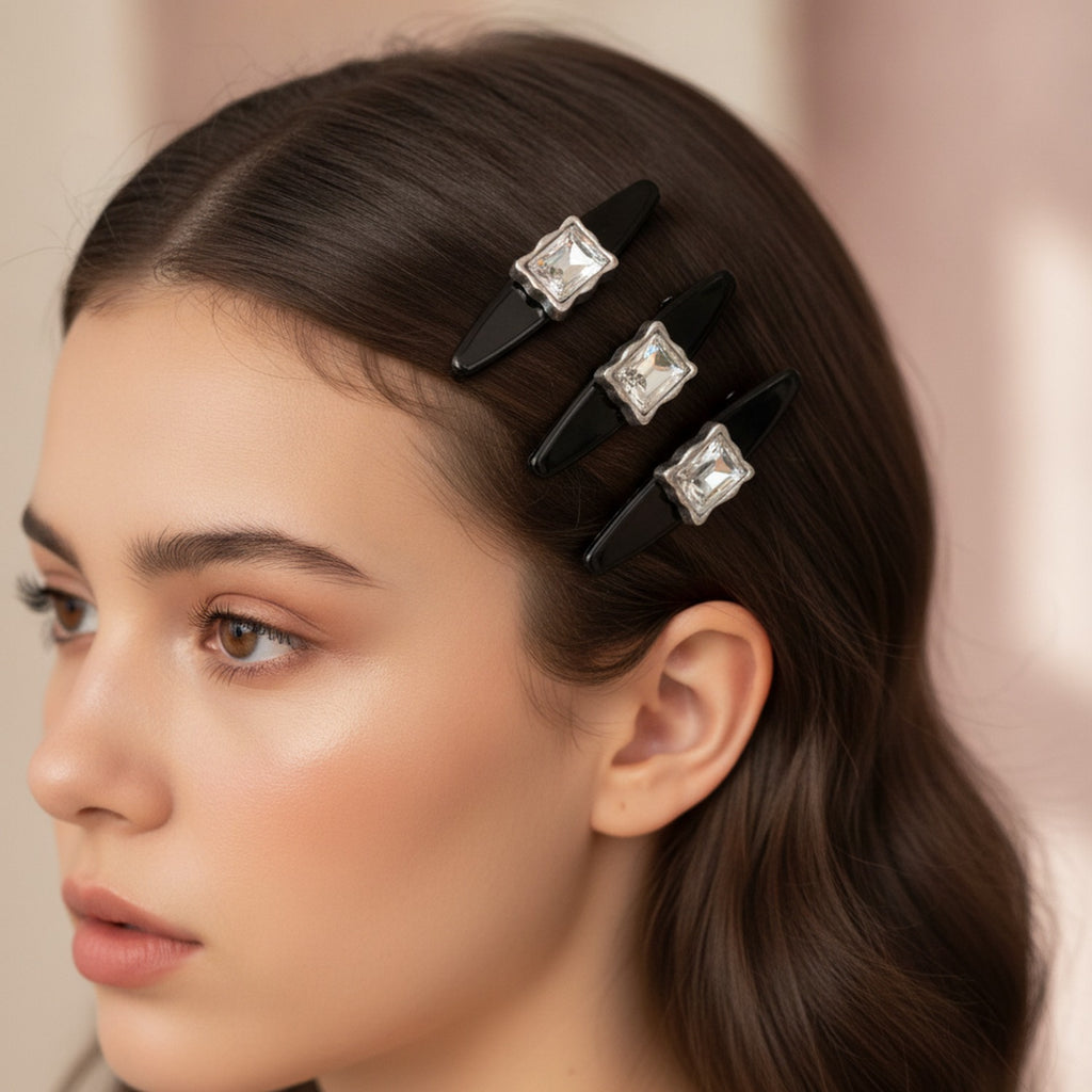 Square Crystal Black Hair Clip Set Black