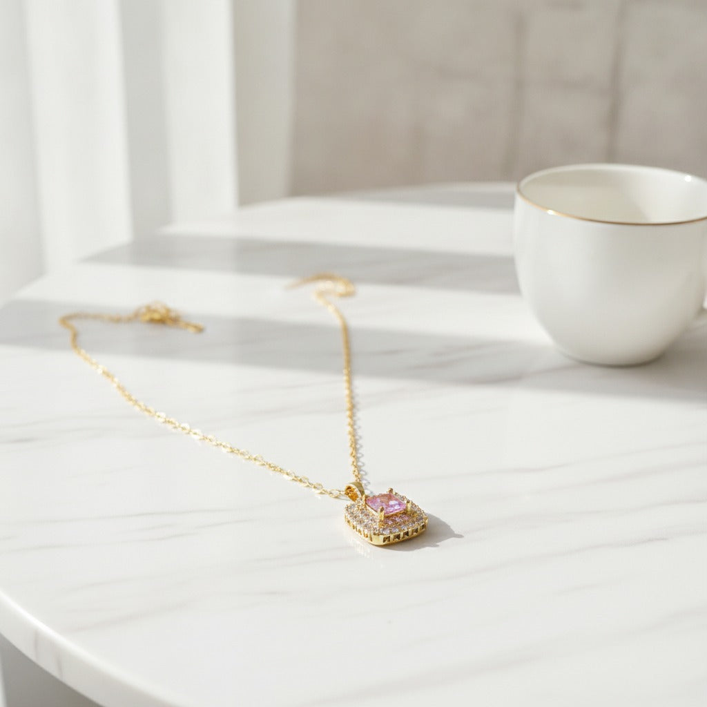 Square Crystal Pendant Necklace - Gold