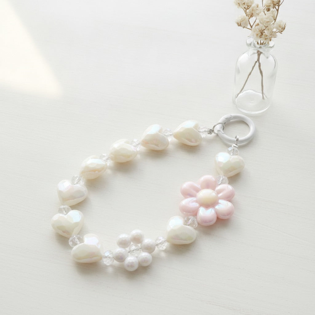 Beaded Heart Charm Keychain - Beige