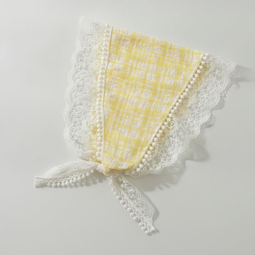 Embroidered Floral Mini Bonnet Headwrap - Yellow Plaid