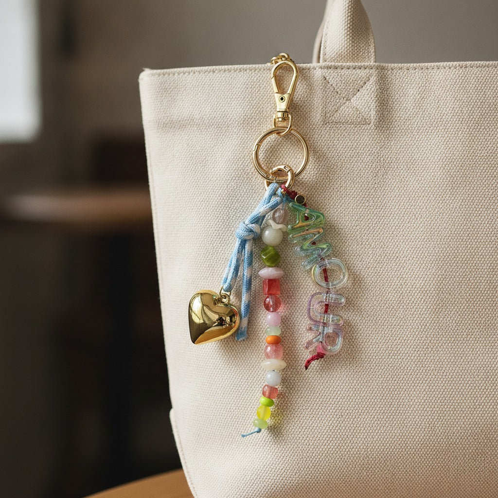 Beaded Letter Charm Keychain - Rainbow Beads