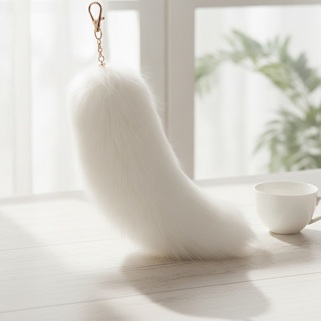 Fluffy Faux Fur Tail Keychain - White