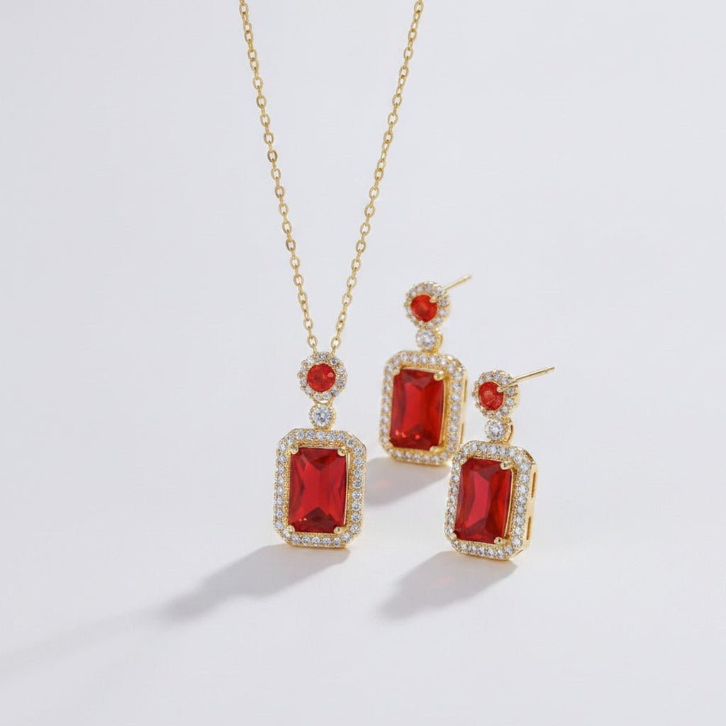 Emerald Cut Crystal Jewelry Set - Red
