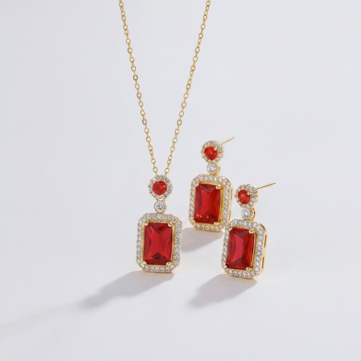 Emerald Cut Crystal Jewelry Set - Red