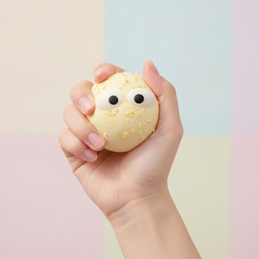 Googly-Eyed Butter Yellow Truffle Ball - squeeze in hand