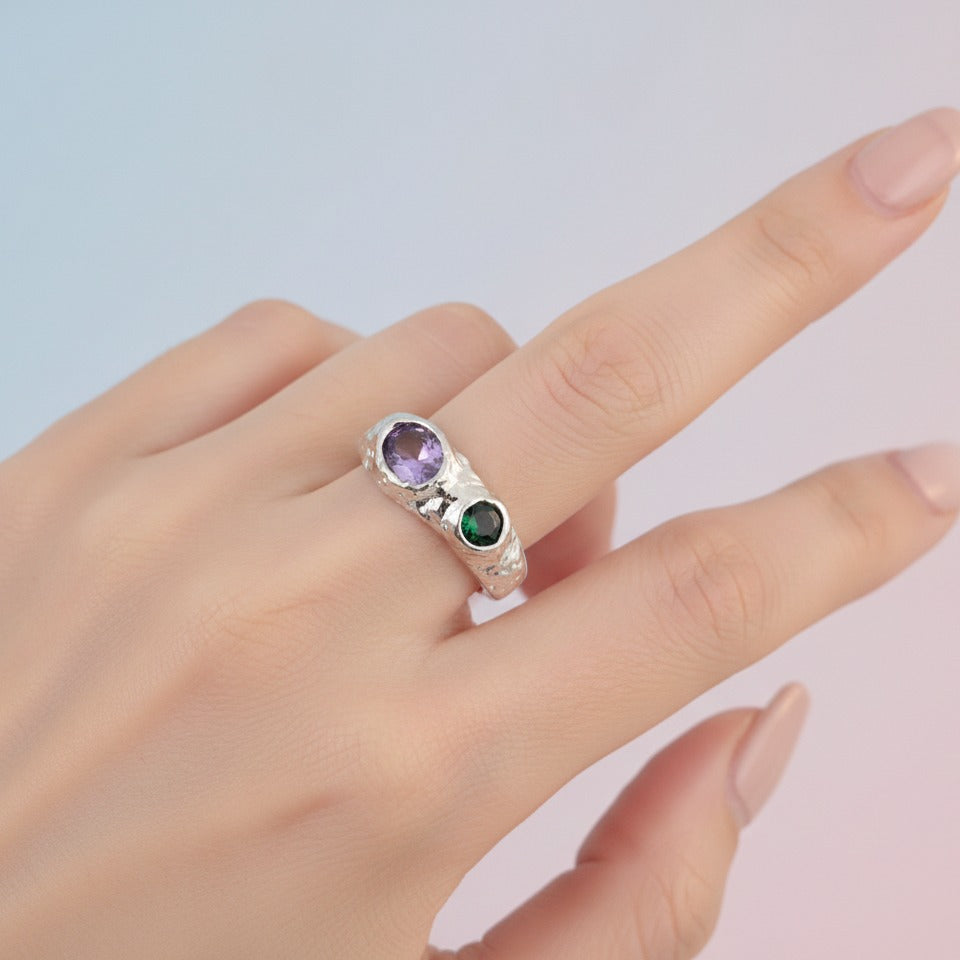 Dual Gem Statement Ring - Purple & Green