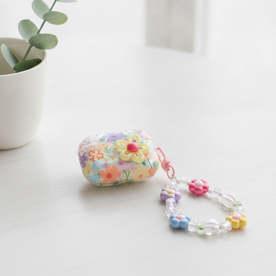 Floral Charm Earbud Case with Beaded Chain - Pastel Floral (for AirPods Pro 2)